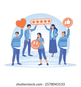 User experience or client satisfaction. A group of individuals leave positive reviews with emoticons, stars, hearts, and thumbs up. Customer Satisfaction concept. Flat vector illustration.