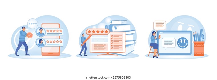 User experience concept. Customers fill out surveys, leave reviews, give five-star ratings and smile emoticons. Online Survey concept. Set flat vector illustration.