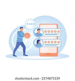 User experience concept. Man fills out the survey form and gives a rating on a mobile phone. Online Survey concept. Flat vector illustration.