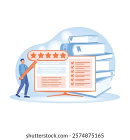 User experience concept. A man gives a five-star rating on the computer. Online Survey concept. Flat vector illustration.