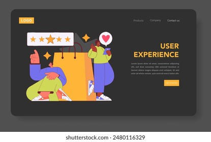 Concepto de experiencia del usuario. El Comentarios positivo del Cliente en una interfaz de Sitio web muestra la satisfacción con una calificación de cinco estrellas y una reacción de amor. Ilustración vectorial.