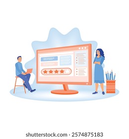 User Experience Concept. The team analyzed surveys and computer screens' five-star feedback ratings. Online Survey concept. Flat vector illustration.