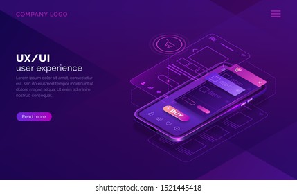 User experience concept vector isometric illustration. Mobile app ux, ui interface developmenti for online shopping, smartphone and website wireframe on screen