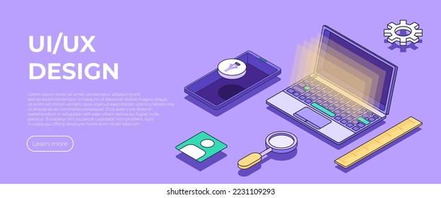 User experience concept vector isometric illustration. Design app for lap top and smartphone. Creation of the user interface. Modern vector illustration isometric style