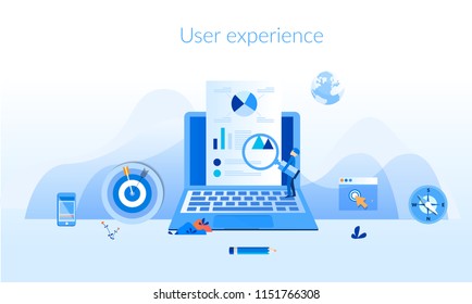 User experience Concept for web page, banner, presentation, social media, documents, cards, posters. Vector illustration optimizing user experience in e-commerce, Developing programming and coding.