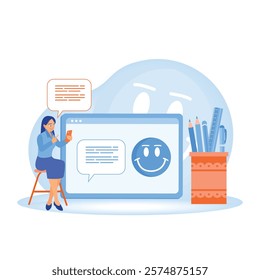 User experience concept. A woman wrote a comment and gave a smiley emoji. Online Survey concept. Flat vector illustration.