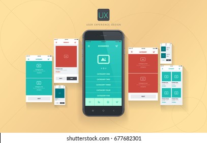 User experience, conceptual web layouts, user interface in e-commerce. Modern vector illustration for web, printed and promotional.