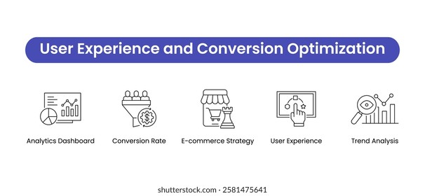 User Experience and Conversion Optimization. Icons included: E-commerce Strategy, User Experience, Conversion Rate, Analytics Dashboard, Trend Analysis