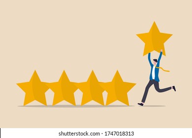 User experience, customer feedback stars rating or business and investment rating concept, businessman holding golden yellow star to added to 5 stars rating. 