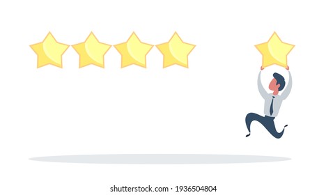 User experience, customer feedback stars rating or business and investment rating concept, businessman holding golden yellow star to added to 5 stars rating. Vector, illustration, flat