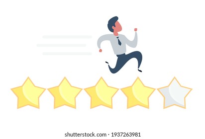 Experiencia de usuario, calificación de estrellas de comentarios de clientes o concepto de calificación de negocios e inversión, el empresario agregó estrella amarilla dorada para la clasificación. Vector, ilustración, plano