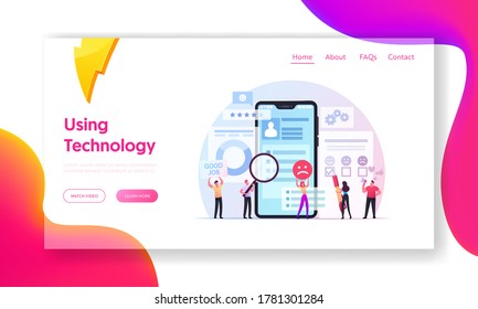 User Experience, Customer Review, Rating Landing Page Template. Tiny People Put Rate Stars in Huge Mobile App. Clients Characters Feedback, Evaluate Service Technology. Cartoon Vector Illustration