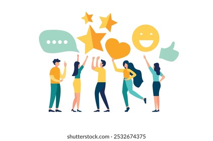 Feedback do cliente, experiência do usuário ou satisfação do cliente, opinião para produtos e serviços, revisão de classificação ou conceito de avaliação, jovens adultos dando feedback emoticon, como estrelas, polegares para cima