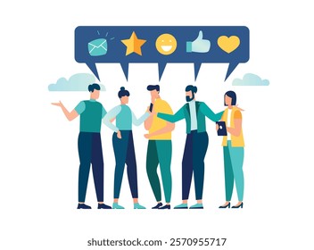 user experience or customer satisfaction, opinion about a product and services, rating in a review or evaluation concept, reviews using emoticons such as "asterisks", "thumbs up", vector illustration