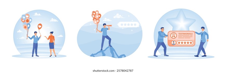 User experience. Customer satisfaction, testimonials, and feedback with balloons and stars. Customer Feedback concept. Set flat vector illustration. 