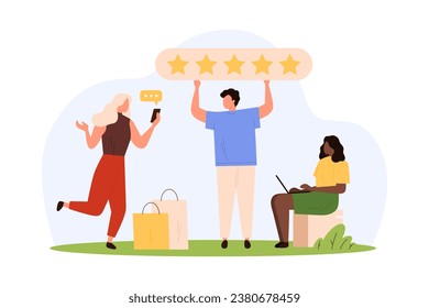 User experience, customers feedback vector illustration. Cartoon tiny people holding 5 stars award to rate product on evaluation survey service, client characters vote for excellence quality results