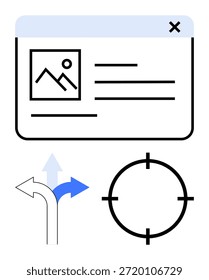 Experiencia del usuario, toma de decisiones, orientación, navegación en línea, establecimiento de objetivos, vías digitales. Interfaz de Web con flechas direccionales y un símbolo de punto de mira. Concepto de toma de decisiones y focalización