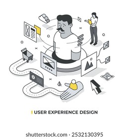 User experience design concept. Designer observing user  needs. Creating product, service that provide meaningful, relevant experience to user. User research, wireframing, interaction design.