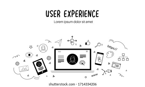 Banner del doodle de diseño de la experiencia del usuario. Concepto UXD con iconos para interfaz de usuario, diseño, diseño de interacción, arquitectura de información.