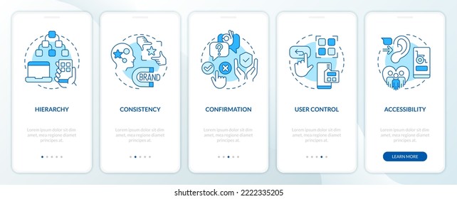 User experience design factors blue onboarding mobile app screen. Walkthrough 5 steps editable graphic instructions with linear concepts. UI, UX, GUI template. Myriad Pro-Bold, Regular fonts used