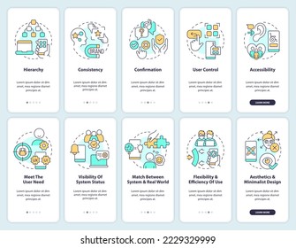 User experience design principles onboarding mobile app screen set. Walkthrough 5 steps editable graphic instructions with linear concepts. UI, UX, GUI template. Myriad Pro-Bold, Regular fonts used