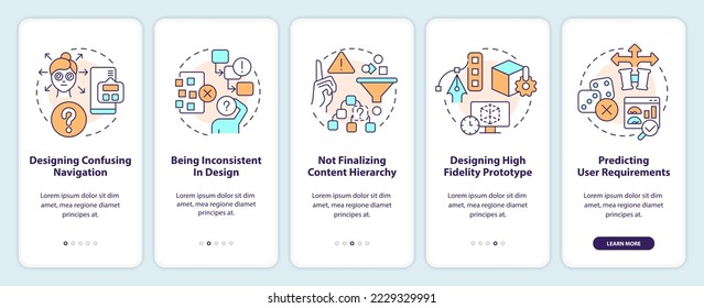 User experience design top mistakes onboarding mobile app screen. Walkthrough 5 steps editable graphic instructions with linear concepts. UI, UX, GUI template. Myriad Pro-Bold, Regular fonts used