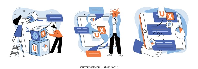 User experience design. Vector illustration. User experience design, strategy that shapes user interface UX, orchestrator ensuring seamless user interface navigation Designing software