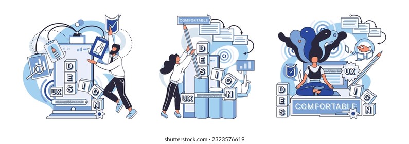 Diseño de experiencia de usuario. Ilustración vectorial. Diseño de interfaz de usuario UX, factores críticos en el diseño de software que destacan el diseño de la experiencia del usuario, brújula que guía la creación de interfaces fáciles de usar