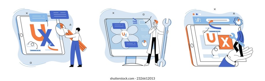 User experience design. Vector illustration. UX UI design, recipe for crafting software that users love User experience design, process of curating user interface that users enjoy UX, roadmap
