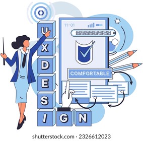 User experience design. Vector illustration. Designing software, art form where user interface takes center stage User interface, touchpoint between software and its user UX UI design, harmonious