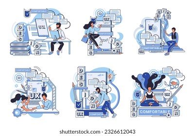 User experience design. Vector illustration. User interface, first impression maker in any software application UX UI design, framework for building engaging software experiences User experience