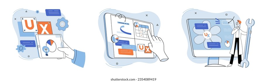 User experience design. Vector illustration. Designing software, journey of creating user interface that delights User interface, bridge connecting users with software UX UI design