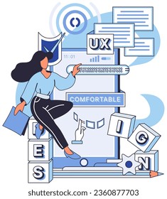 User experience design. Vector illustration. UX, compass pointing towards intuitive user interface Designing software, endeavor to create user interface that tells story User interface