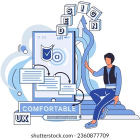 User experience design. Vector illustration. User interface, stage on which software interacts with its users UX UI design, keystone of any successful software journey User experience design, strategy