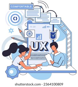 User experience design. Vector illustration. UX, roadmap for smooth user interface journey Designing software, task of building compelling user interface User interface, mirror reflecting softwares