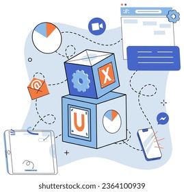 Diseño de experiencia de usuario. Ilustración vectorial. Diseño de experiencia de usuario, método para hacer que la interfaz de usuario sea tan intuitiva como sea posible UX, navegador guiando a los usuarios a través de la interfaz de usuario Diseñando software