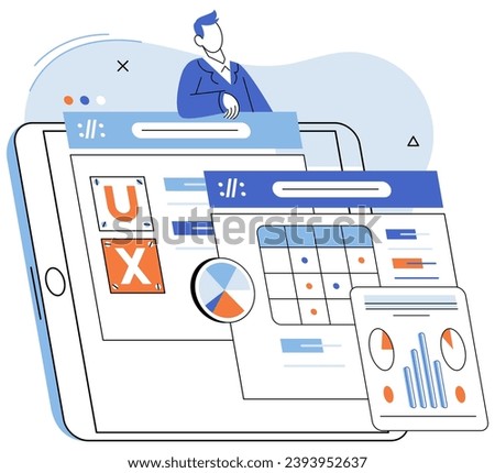 User experience design. Vector illustration. UX, compass pointing towards intuitive user interface Designing software, endeavor to create user interface that tells story User interface
