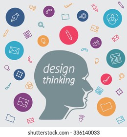 User experience designer and icons. User experience designert and tools. Employees tools for computer. Vector flat illustration of character connection for background. Learning and training courses 