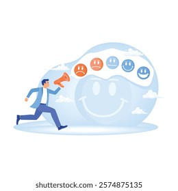 User experience emoticons. A man with an emotional expression with a feedback symbol. Online Survey concept. Flat vector illustration.