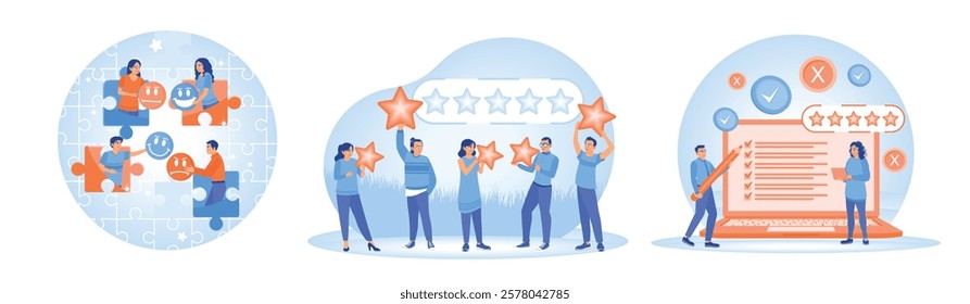 User experience. Evaluate customer reviews. People fill out an online survey form, mark with a pencil, and get 5 stars. Customer Feedback Concept. Set flat vector illustration.