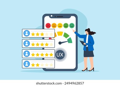 User experience evaluation, assessing customer journey, enhancing satisfaction, UX analysis concept vector illustration. Business analyst reviewing feedback and personas