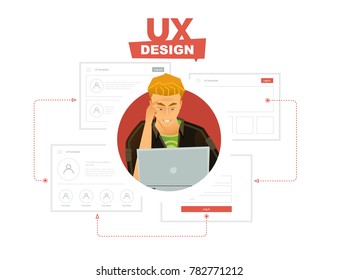User experience. Expert in the interface creation process. cartoon character. creation of wireframes for web interfaces. Modern vector illustration for web, print and presentations.