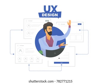 User experience. Expert in the interface creation process. cartoon character. creation of wire frames for web interfaces. Modern vector illustration for web, print and presentations.