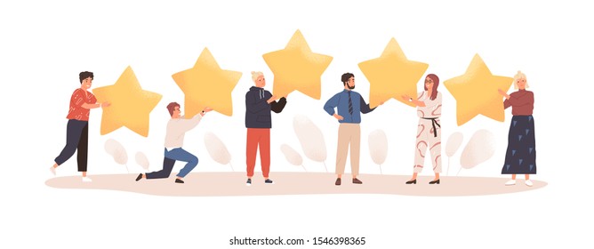 User experience feedback flat vector illustration. People with stars isolated on white. Clients evaluating product, service. Consumer product review. Customer satisfaction assessment concept.