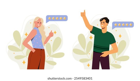 User experience feedback. Man and woman evaluate product and service. Customers reviews. People share their opinion. Ranking and rating. Flat vector illustration isolated on white background