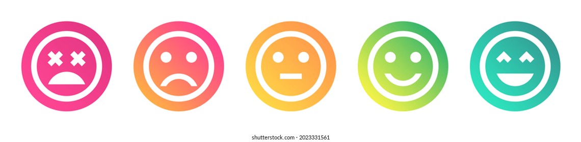 Conjunto de iconos de sentimiento de comentarios de la experiencia del usuario. Iconos de emoticonos vectoriales para comentarios de satisfacción. Rostros con diferentes expresiones incluyendo feliz, triste, neutral