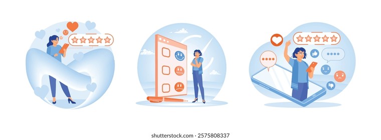 User experience and feedback. Women gave five-star ratings, gave mood emoticons, and wrote comments on social media. Customer Feedback concept. Set flat vector illustrations.