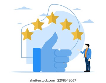 user experience or five star rating concept, young business owner with big thumbs up and 5 star rating, Best star rating, high quality product or good quality service, excellent customer feedback.