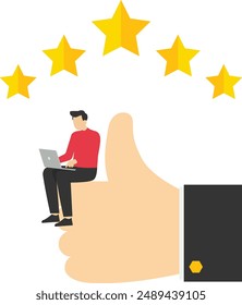 user experience or five-star rating concept, a young business owner with big thumbs up and 5-star rating, Best star rating, high-quality product or good quality service, excellent customer feedback.