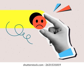 User experience - the hand chooses the sad red emoji. Service rating. Vector illustration in a modern collage style